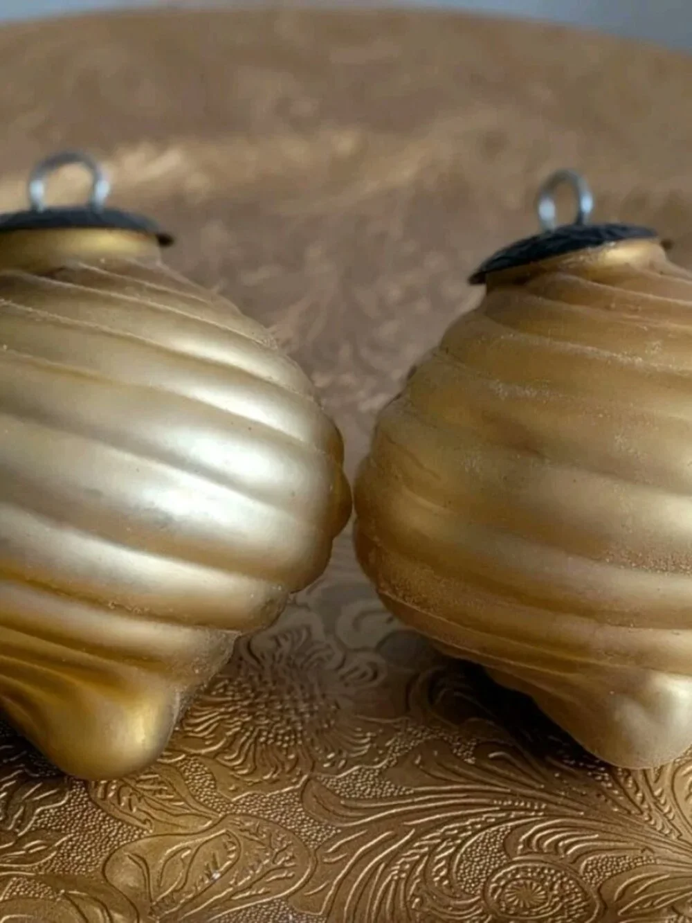 2 VINTAGE MIDWEST KUGEL GOLD GLASS CHRISTMAS ORNAMENTS